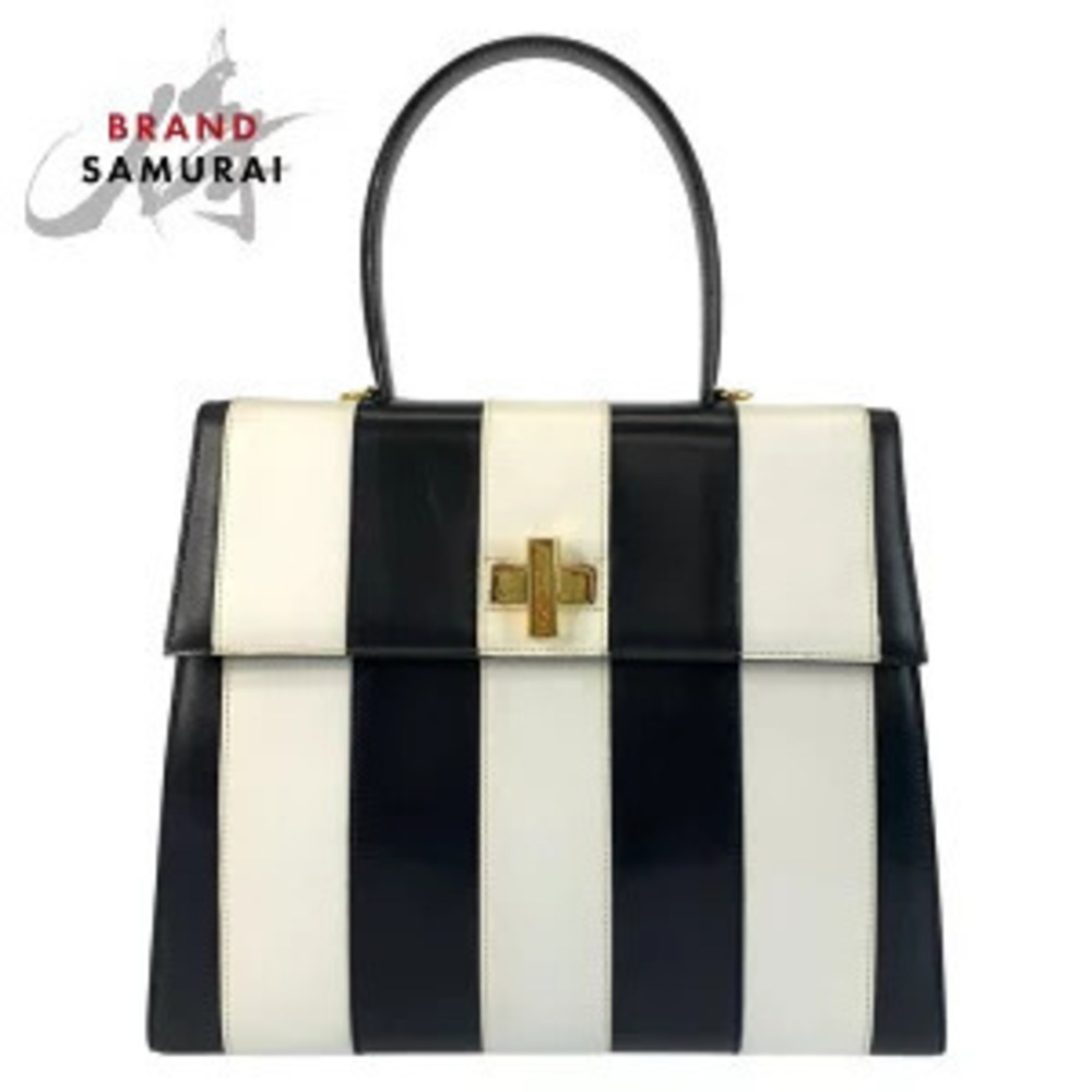 Celine turn lock striped Handbag white black leather F